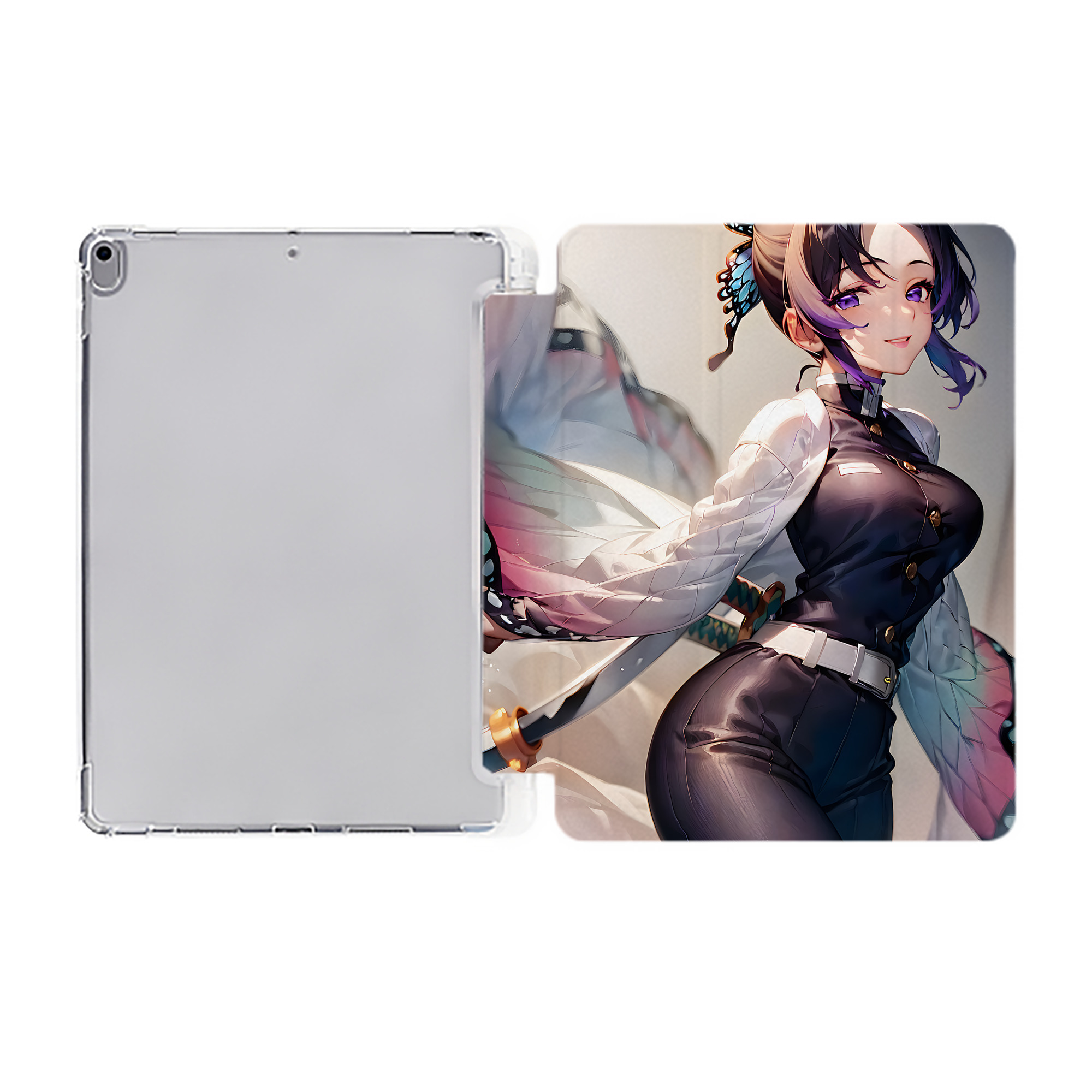 （画像用） 鬼滅の刃（きめつのやいば）蟲柱-胡蝶 しのぶ／こちょう しのぶ Kochou Shinobu IPad ケース ペン収納付き 三つ折りスタンド PUレザー×シリコン 対応機種9.5/10.5/10.9インチ